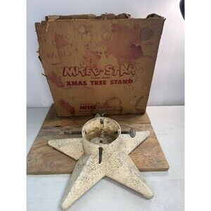 Vintage Christmas Tree Stand Star Shape Glitter Mitee Metal White USA Orig Box